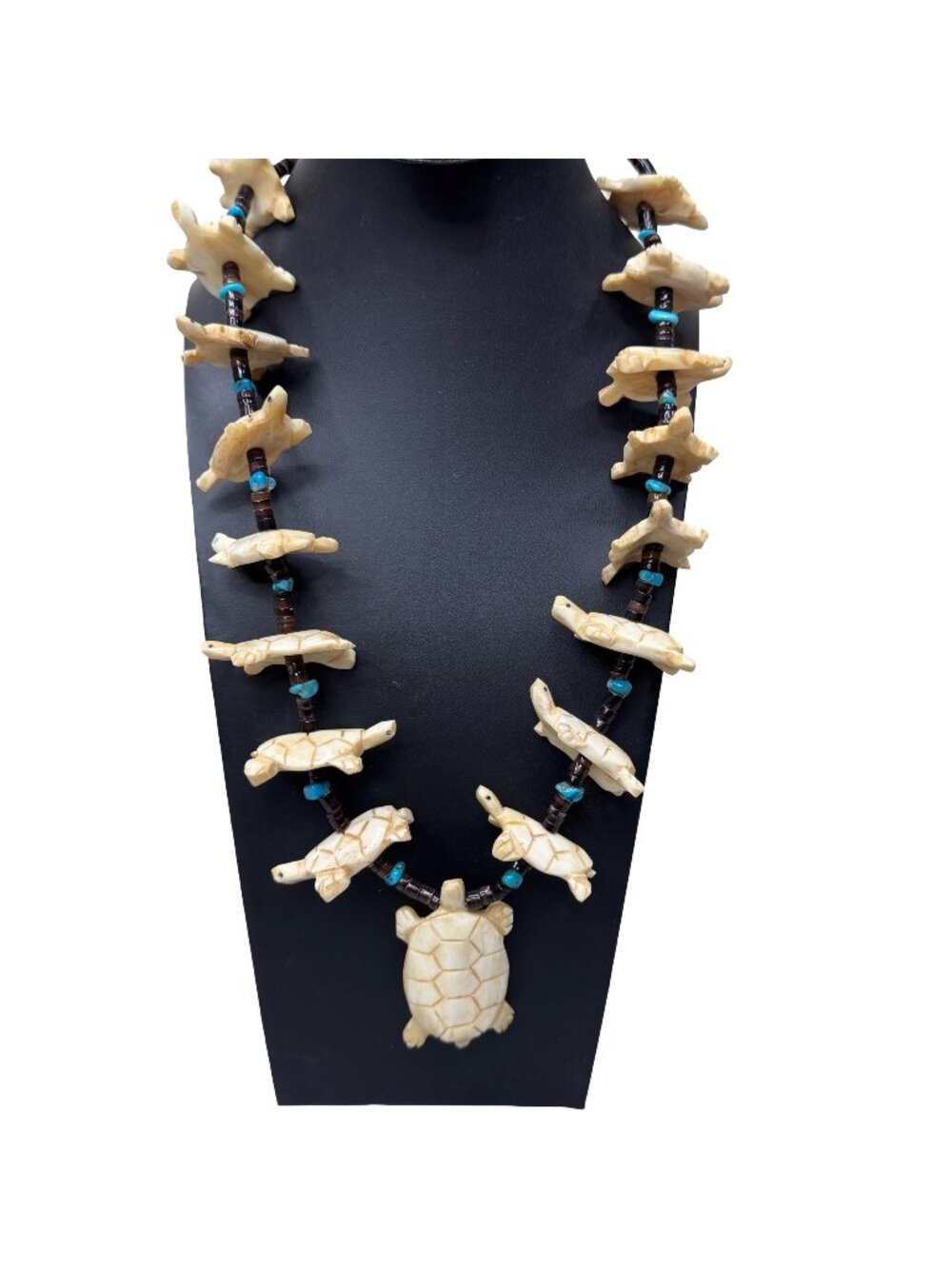 Hand-Carved Turtle Fetish Necklace Turquoise Beads & Sterling Silver Clasp 32"